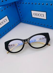 Gucci Cat Eye Optical Glasses for Women, Black Acetate Frame with Gold Pearl Double G Chain, Blue Light Blocking Lenses, 001 Black/Gold