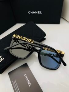CHANEL CH0754 Col.01 Oversized Square Sunglasses for Women, Polished Black Acetate Frame with Crystal Embellished Gold CHANEL Letter Logo, Gradient Grey UV400 Protection Lenses, 66mm