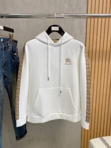 Burberry Equestrian Knight Emblem Hoodie, Unisex White with Vintage Check Side Panels Oversized Long Sleeve Pullover Hooded Sweatshirt