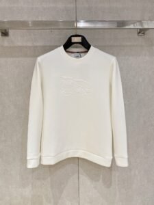 Burberry Large Equestrian Knight Crew Neck Sweatshirt, Unisex White Tone-on-Tone Embroidered Oversized Long Sleeve Pullover with Icon Stripe Detail
