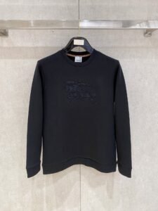 Burberry Large Equestrian Knight Crew Neck Sweatshirt, Unisex Black Tone-on-Tone Embroidered Oversized Long Sleeve Pullover with Icon Stripe Neck Detail