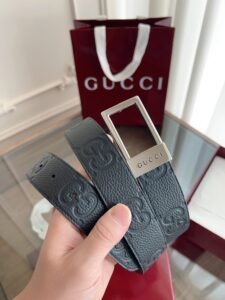 Gucci Embossed GG Leather Belt for Men, 001 Black/Black, Pebbled Leather with Silver Square Buckle & Engraved Logo, 3.5cm Width, Luxury Designer Belt