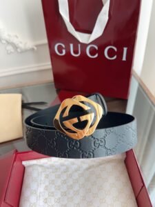 Gucci Embossed GG Pebbled Leather Belt for Men, 001 Black/Black, Textured Leather with Interlocking G Buckle (Multiple Finishes), 3.5cm Width, Luxury Designer Belt