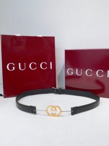 Gucci 400593 Thin Belt for Women, 001 Black/Gold-Silver, Smooth Leather with Interlocking G Buckle (Two-Tone Metal), 2cm Width, Luxury Designer Waist Belt