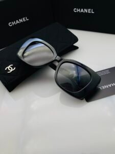 CHANEL Cat Eye Sunglasses for Women, Col.01 Black/Black, Polished Black Acetate Frame with Black Crystal Embellished CHANEL Letter Logo, UV400 Protection Grey Lenses
