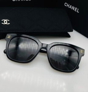 CHANEL CH5409 Col.B845 Square Sunglasses for Women, Polished Black Acetate Frame with Crystal Embellished Gold CHANEL Letter Logo & Interlocking CC, UV400 Protection Grey Lenses, 52mm