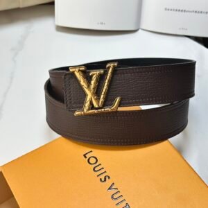 Louis Vuitton Reversible Belt for Men, 001 Dark Brown/Black, Pebbled Leather with Engraved LV Buckle (Antique Gold Finish), 3.5cm Width, Luxury Designer Belt