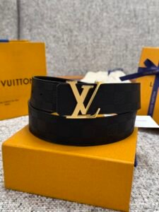 Louis Vuitton 3.5cm Belt for Men, 006 Black Check, Damier Infini Leather with Gold LV Buckle, Luxury Designer Dress Belt