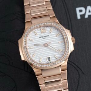 Patek Philippe Nautilus 35mm, Rose Gold Tone Case, Diamond Bezel, White Dial, Rose Gold Bracelet, Automatic Ladies' Watch