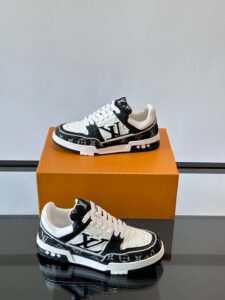 Louis Vuitton LV Trainers Black White Monogram Leather Sneakers, Luxury Casual Shoes