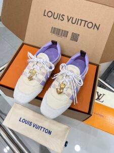 Louis Vuitton White Purple Leather Sneakers with Gold Lock & Heart Charms, Luxury Casual Women's Shoes