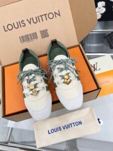 Louis Vuitton White Green Leather Sneakers with Gold Lock & Heart Charms, Luxury Casual Women's Shoes