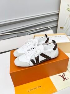 Louis Vuitton White Leather & Monogram Canvas Sneakers, Retro Low-Top Luxury Casual Women's Shoes