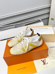 Louis Vuitton Beige Yellow Suede & Leather Retro Sneakers, Luxury Casual Women's Shoes
