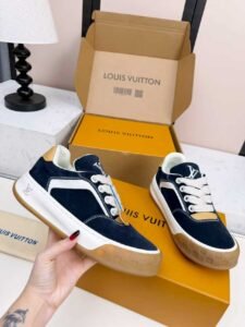 Louis Vuitton Navy Blue Suede & White Leather Sneakers, Luxury Casual Men's/Women's Shoes