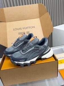 Louis Vuitton Dark Grey Mesh & Leather Retro Sneakers, Chunky Outsole Luxury Casual Men's Shoes