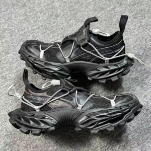 Balenciaga Black Mesh & Leather Trail Sneakers, Drawstring Closure Chunky Luxury Casual Men's/Women's Shoes