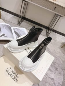 Alexander McQueen Black & White Leather Tread Slick Chelsea Boots, Front Zip Chunky Luxury Unisex Shoes