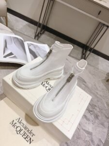 Alexander McQueen White Leather Tread Slick Chelsea Boots, Front Zip Chunky Luxury Unisex Shoes