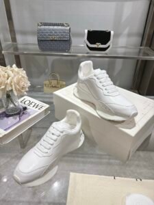 Alexander McQueen White Leather Embossed Logo Sneakers, Wavy Platform Luxury Casual Unisex Shoes