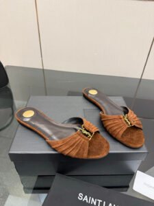 Saint Laurent Brown Suede YSL Slide Sandals, Gold Logo Luxury Casual Women's Shoes