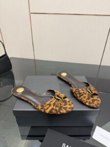 Saint Laurent Leopard Print Suede YSL Slide Sandals, Gold Logo Luxury Casual Women's Shoes