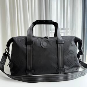 Burberry Black Monogram Jacquard Duffle Bag, Detachable Strap Luxury Travel Gym Bag