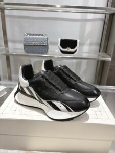 Alexander McQueen Black & White Calfskin Chunky Sneakers, Luxury Casual Dad Shoes
