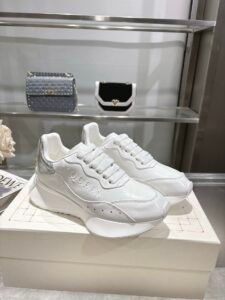 Alexander McQueen White & Silver Smooth Leather Chunky Sneakers, Luxury Casual Platform Dad Shoes