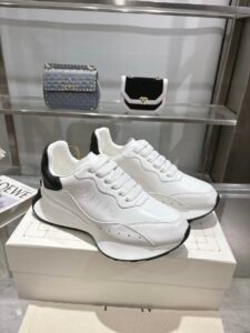 Alexander McQueen White & Black Calfskin Chunky Sneakers, Luxury Casual Platform Dad Shoes