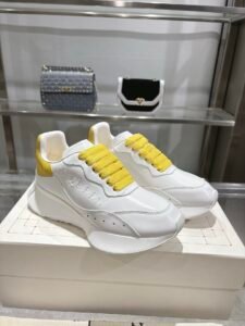 Alexander McQueen White & Yellow Calfskin Chunky Sneakers, Luxury Casual Platform Dad Shoes