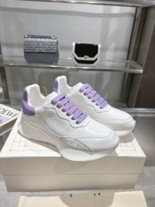 Alexander McQueen White & Lavender Purple Calfskin Chunky Sneakers, Luxury Casual Platform Dad Shoes