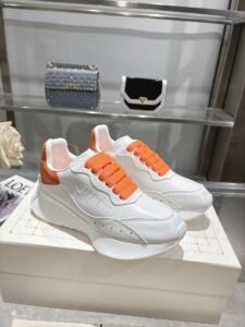 Alexander McQueen White & Orange Calfskin Chunky Sneakers, Luxury Casual Platform Dad Shoes