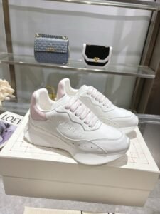 Alexander McQueen White & Light Pink Calfskin Chunky Sneakers, Luxury Casual Platform Dad Shoes