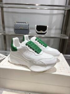 Alexander McQueen White & Green Calfskin Chunky Sneakers, Luxury Casual Platform Dad Shoes