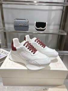 Alexander McQueen White & Burgundy Red Calfskin Chunky Sneakers, Luxury Casual Platform Dad Shoes