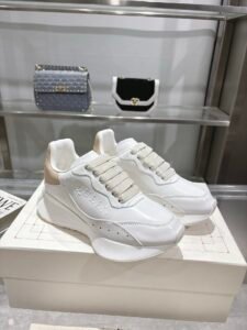 Alexander McQueen White & Nude Beige Calfskin Chunky Sneakers, Luxury Casual Platform Dad Shoes