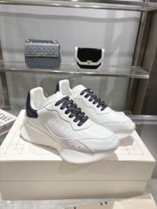 Alexander McQueen White & Navy Blue Calfskin Chunky Sneakers, Luxury Casual Platform Dad Shoes