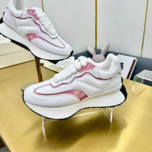 Alexander McQueen White & Iridescent Pink Calfskin Chunky Sneakers, Luxury Casual Platform Dad Shoes