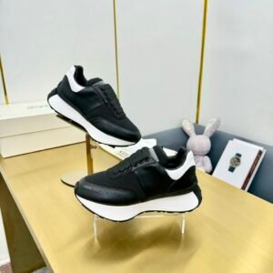 Alexander McQueen Black & White Mesh & Leather Chunky Sneakers, Luxury Casual Platform Dad Shoes