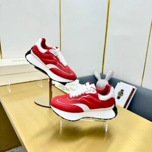 Alexander McQueen Red & White Calfskin Chunky Sneakers, Luxury Casual Platform Dad Shoes