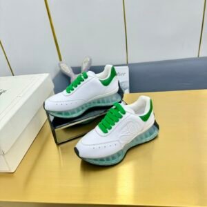 Alexander McQueen White & Green Calfskin Transparent Air Cushion Chunky Sneakers, Luxury Casual Platform Shoes