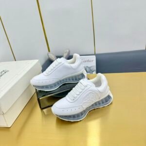 Alexander McQueen White Calfskin Transparent Air Cushion Chunky Sneakers, Luxury Platform Casual Shoes