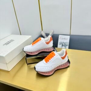 Alexander McQueen White & Orange Calfskin Transparent Pink Air Cushion Chunky Sneakers, Luxury Casual Platform Shoes