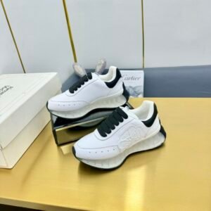 Alexander McQueen White & Black Calfskin Transparent Air Cushion Chunky Sneakers, Luxury Casual Platform Shoes