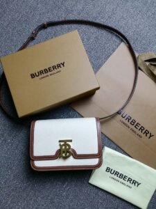 Burberry TB Logo Canvas & Leather Crossbody Bag, Turn-Lock Closure Luxury Messenger Handbag