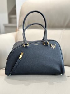 Burberry Black Grained Calfskin Leather Boston Bag, Gold Hardware Luxury Handbag