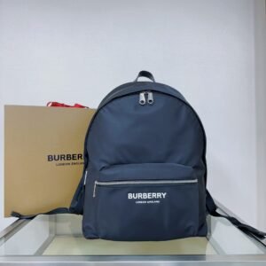 Burberry Navy Blue Nylon Logo Print Backpack, Zipper Closure Luxury Travel Bag
