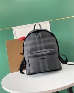 Burberry Charcoal Gray Checked Coated Canvas Backpack, Zipper Closure Luxury Travel Bag