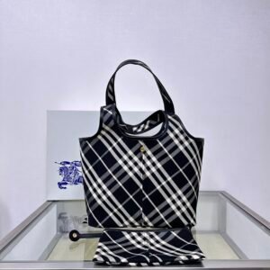 Burberry Black & White Check Canvas Tote Bag with Pouch, Snap Closure Luxury Shoulder Handbag